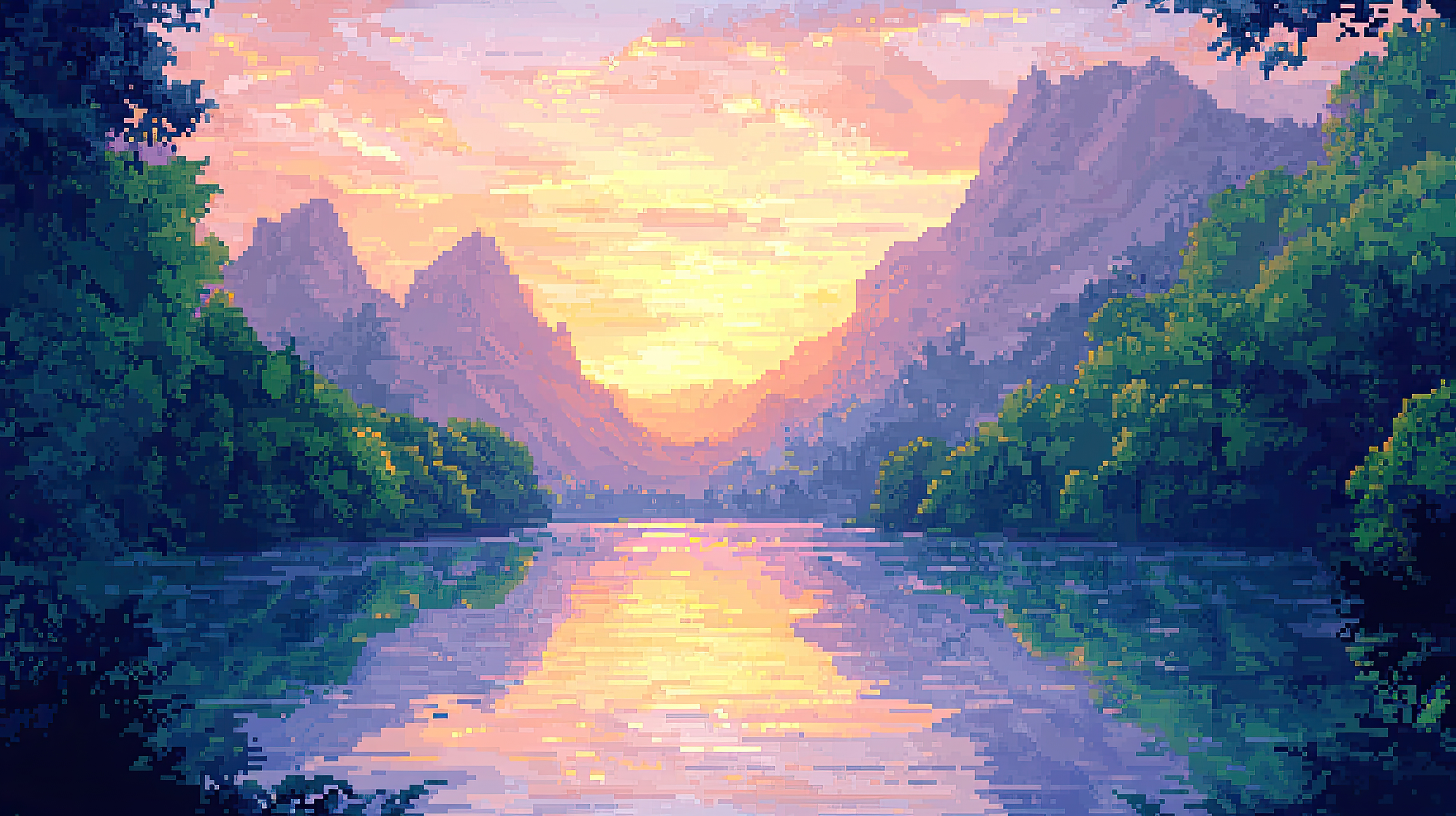 Pixel-art sunset over a mountain lake